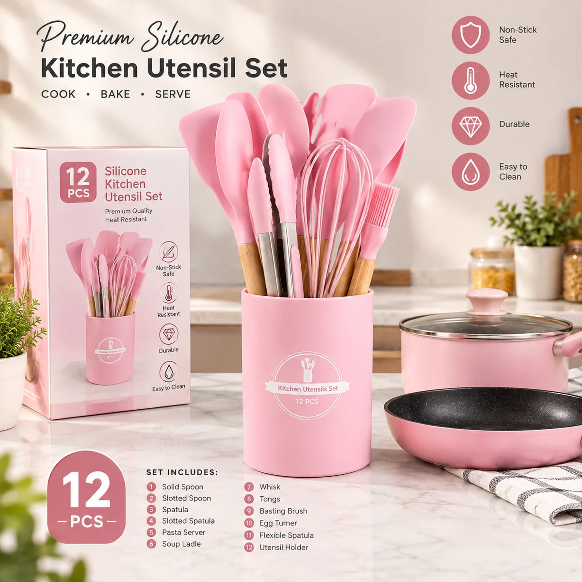 12 Piece Wooden & Silicone Kitchen Cooking Set